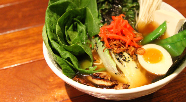 Vegetarian ramen with kelp and shitaki broth, tofu and greens