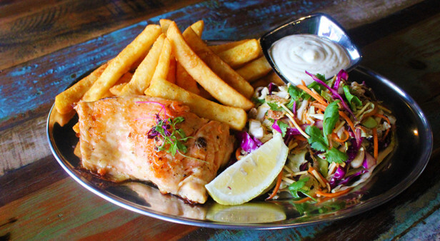 Sea Fuel grilled salmon, chips and salad