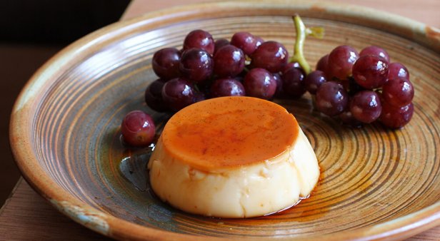 Creme caramel with drunk fruits