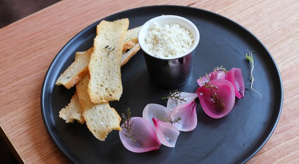 Organic Bendele farm duck liver parfait, pickled red onion, toast