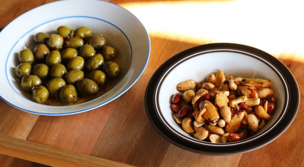 Green olives and hot buttered nuts