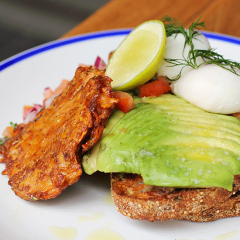 Avocado on sourdough with poached eggs, sweet potato hash and pico de gallo