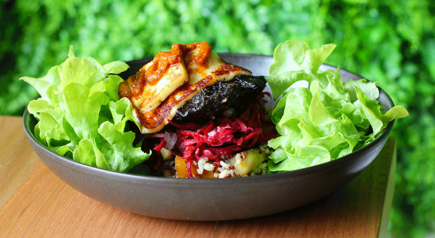 Shroom Street Bowl with portobello mushroom, haloumi, cheese, brown rice and quinoa