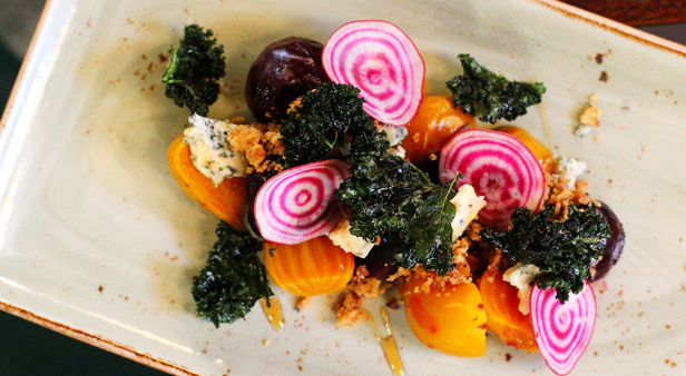 Slow-roasted heirloom beetroots with stilton, oloroso caramel and crispy greens