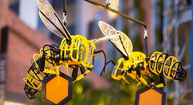 A beautiful bee installation featuring some crazy critters is flying into West Village