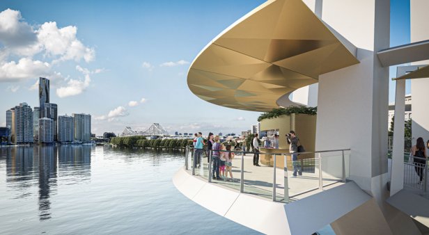 Updated designs for the forthcoming Kangaroo Point green bridge reveal several overwater dining spaces